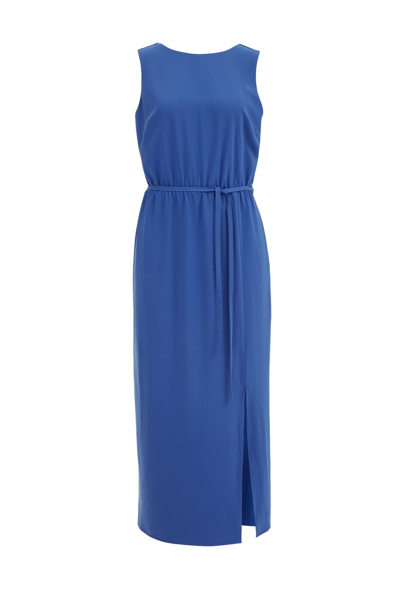 Blaumädchen ärmelloses Kleid mit rundem Ausschnitt, elastischem Bund und seitlichem Schlitz. Hergestellt aus weichem Stoff, verfügt es über einen gebundenen Gürtel in der Taille.