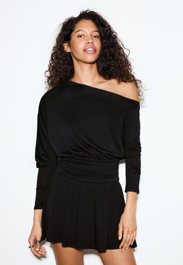 Bershka BELTED LONG-SLEEVE PRINT- MINI - Day dress - black