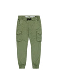 Olivgrüne Twill-Jogginghosen mit elastischen Bündchen, Kordelzugbund und mehreren Cargo-Taschen für zusätzlichen Stauraum. Glattes, strapazierfähiges Material.
