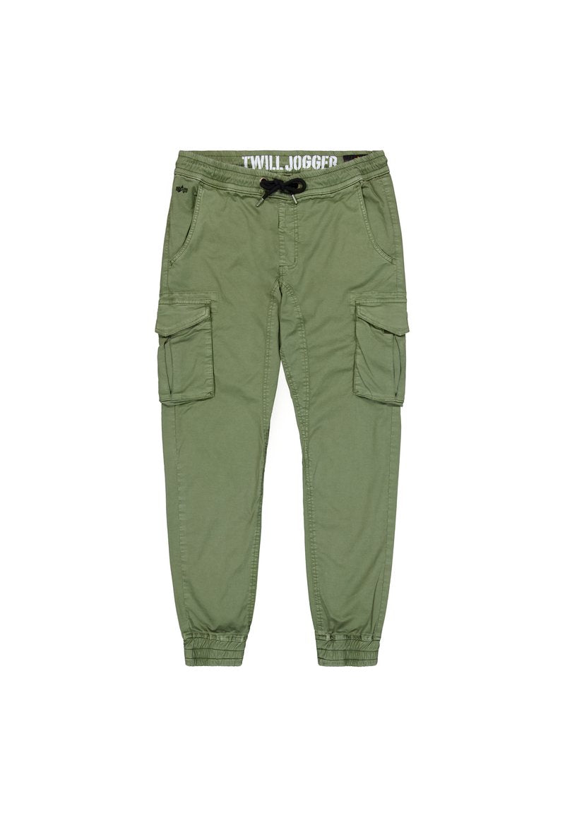 Olivgrüne Twill-Jogginghosen mit elastischen Bündchen, Kordelzugbund und mehreren Cargo-Taschen für zusätzlichen Stauraum. Glattes, strapazierfähiges Material.