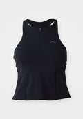 Schwarzes sportliches Tanktop mit Reißverschluss vorne, Racerback-Design und strukturiertem Stoff. Mit Logo-Akzent auf der Brust.
