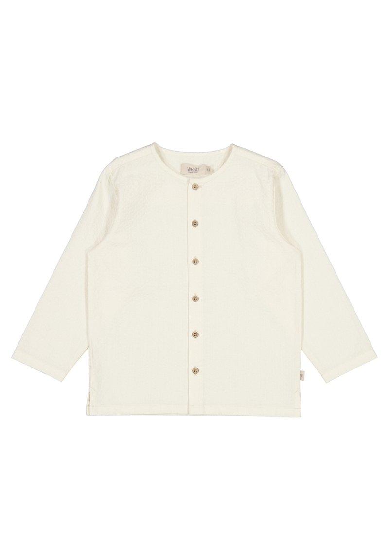 Cremefarbendes Button-Up-Hemd mit langen Ärmeln, rundem Halsauschnitt und Holzknöpfen, aus einem strukturierten Material gefertigt.
