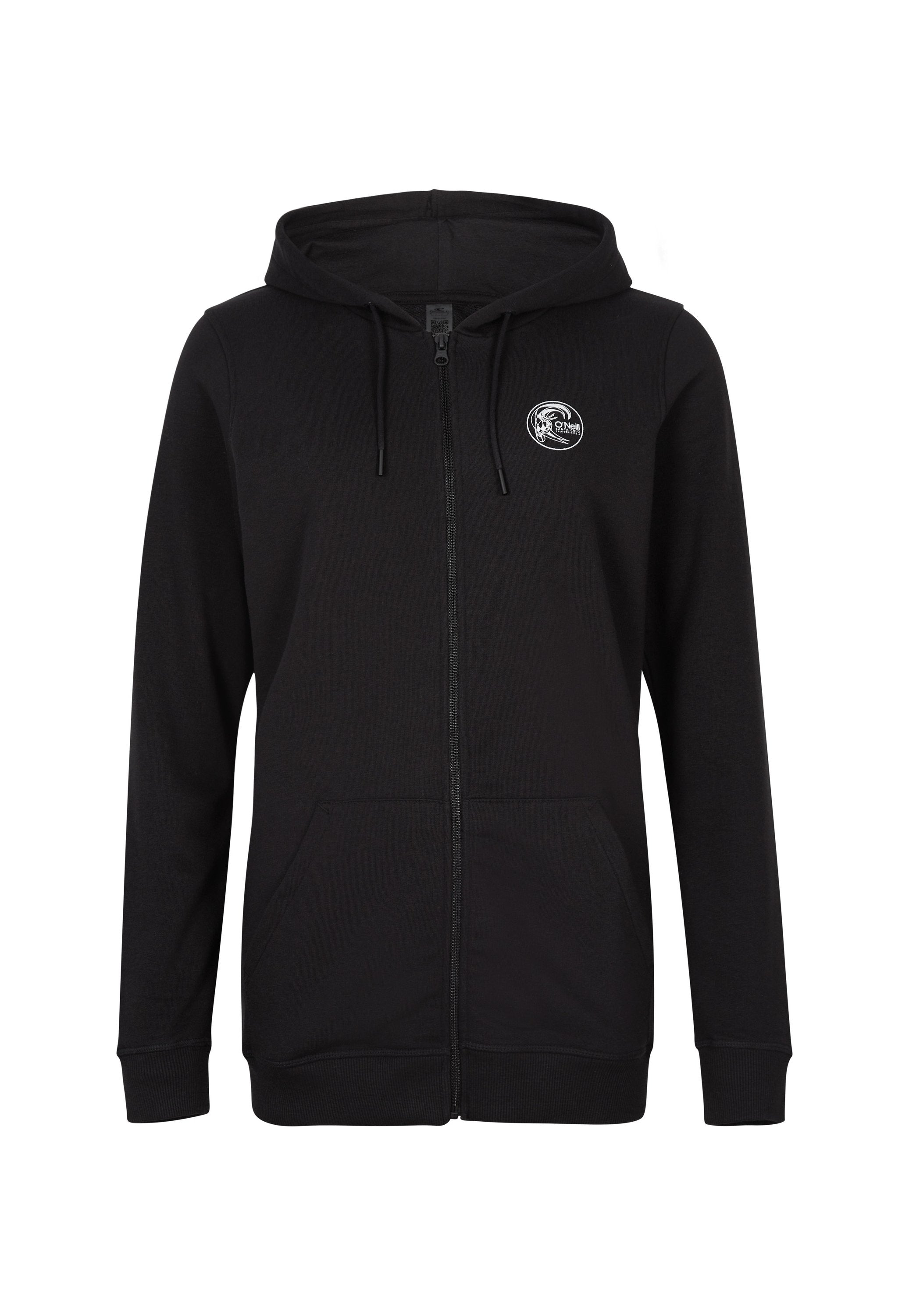 Schwarze Zip-Hoodie aus weichem Stoff. Mit einer Kordelzugkapuze, Fronttaschen und einem runden Logo auf der linken Brust.