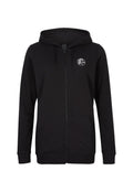 Schwarze Zip-Hoodie aus weichem Stoff. Mit einer Kordelzugkapuze, Fronttaschen und einem runden Logo auf der linken Brust.