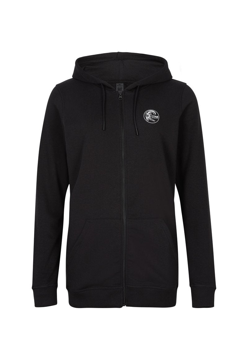 Schwarze Zip-Hoodie aus weichem Stoff. Mit einer Kordelzugkapuze, Fronttaschen und einem runden Logo auf der linken Brust.