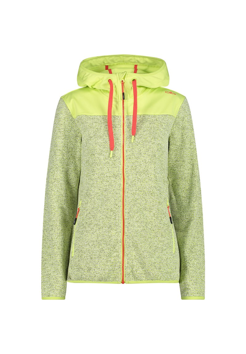 Limettengrüner Kapuzenpullover mit grauem strukturiertem Oberteil, kontrastierenden leuchtend orangefarbenen Reißverschlüssen und Kordeln, ausgestattet mit einem durchgehenden Reißverschluss vorne und zwei Seiten- Taschen.