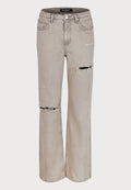 Helle graue Jeans in lässiger Passform, mit distressed Details wie Rissen an den Knien und einem verblassten Effekt. Enthält fünf Taschen und Gürtelschlaufen.