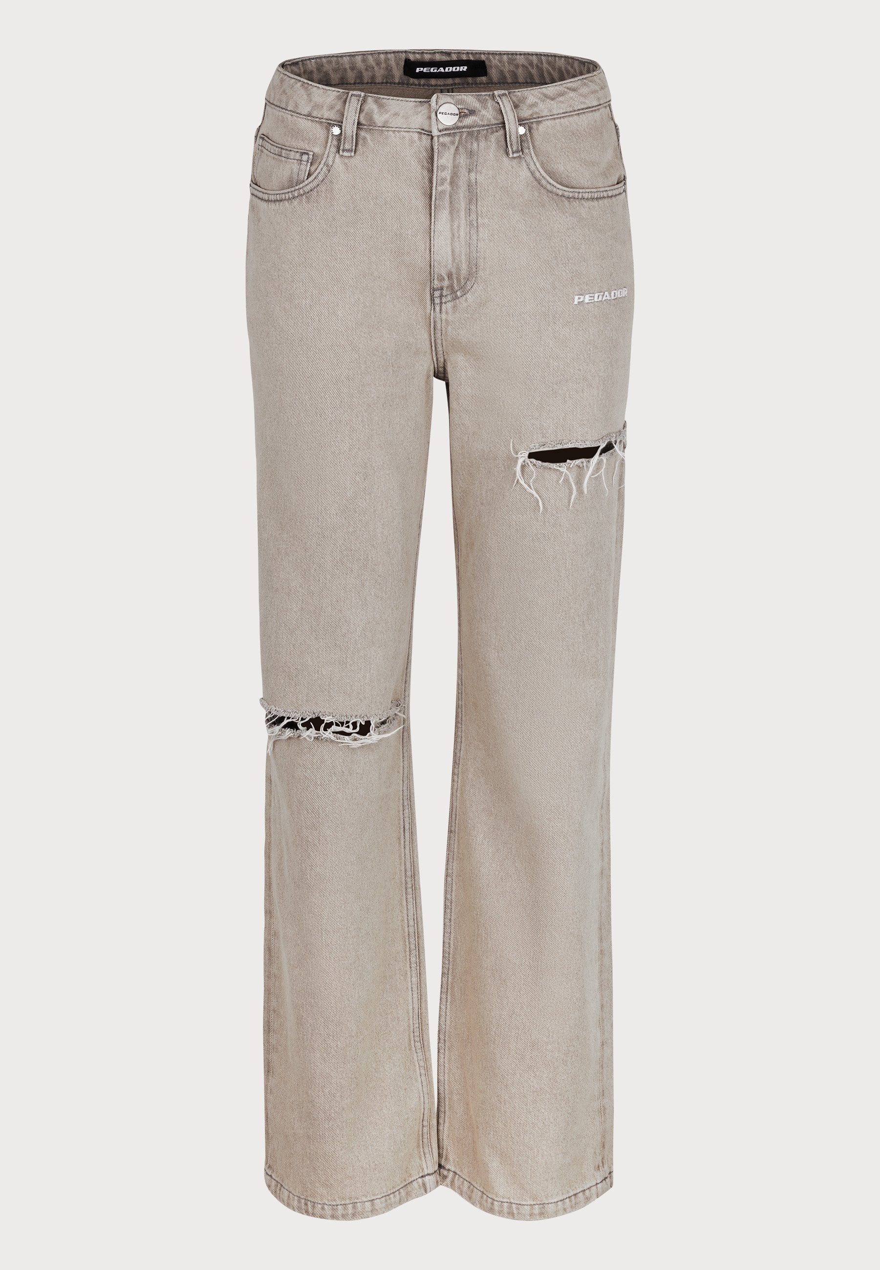 Helle graue Jeans in lässiger Passform, mit distressed Details wie Rissen an den Knien und einem verblassten Effekt. Enthält fünf Taschen und Gürtelschlaufen.