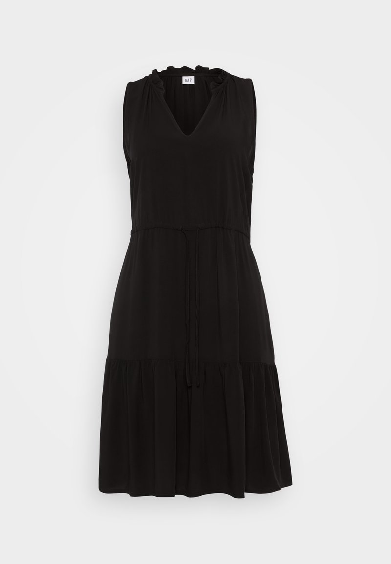Schwarzes ärmelloses Kleid mit V-Ausschnitt, gerafftem Kragen, Kordelzug in der Taille und gestuftem Rock. Aus leichtem Stoff für maximalen Tragekomfort gefertigt.