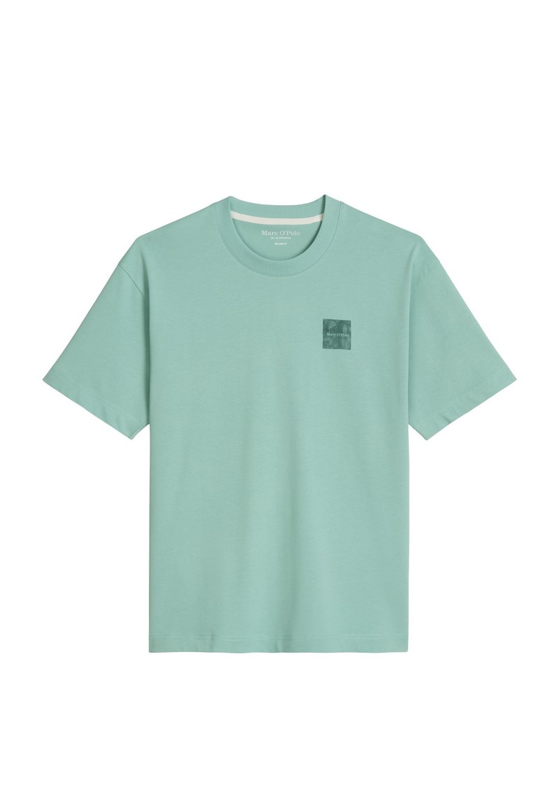 Kurzärmeliges T-Shirt in Minzgrün mit Rundhalsausschnitt und kleinem dunkelgrünem Quadrat-Logo auf der linken Brust.