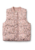 Gepolsterte Blumenweste in zartem Rosa, mit einem gerippten Kragen, zwei Seitentaschen und einem gesteppte Design mit kleinen, mehrfarbigen Blumen.