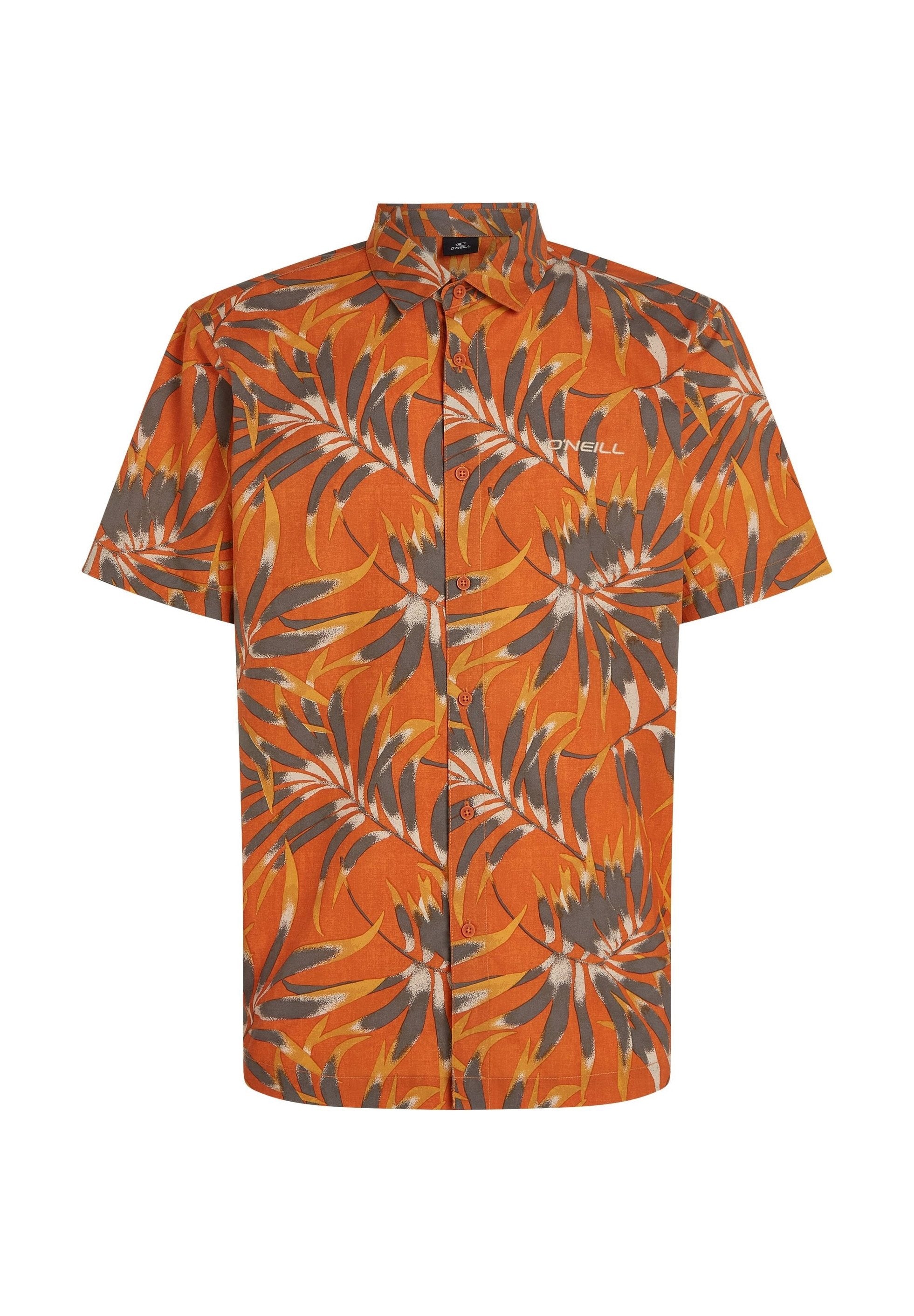 Kurzarmhemd in Orange mit einem lebhaften Blättermuster in Grau und Gelb. Verfügt über einen kragen und eine knöpfbare Vorderseite. O'Neill-Logo angezeigt.
