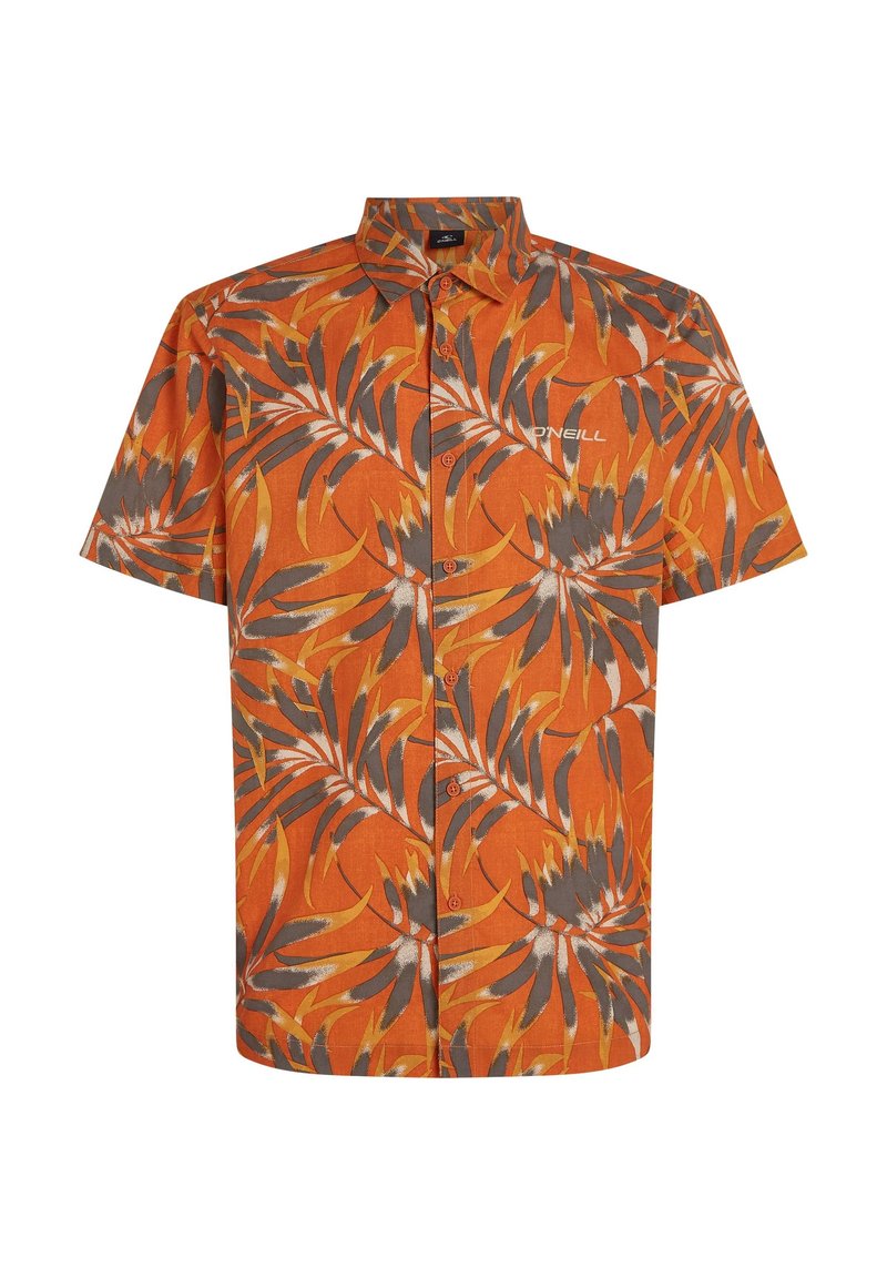 Kurzarmhemd in Orange mit einem lebhaften Blättermuster in Grau und Gelb. Verfügt über einen kragen und eine knöpfbare Vorderseite. O'Neill-Logo angezeigt.
