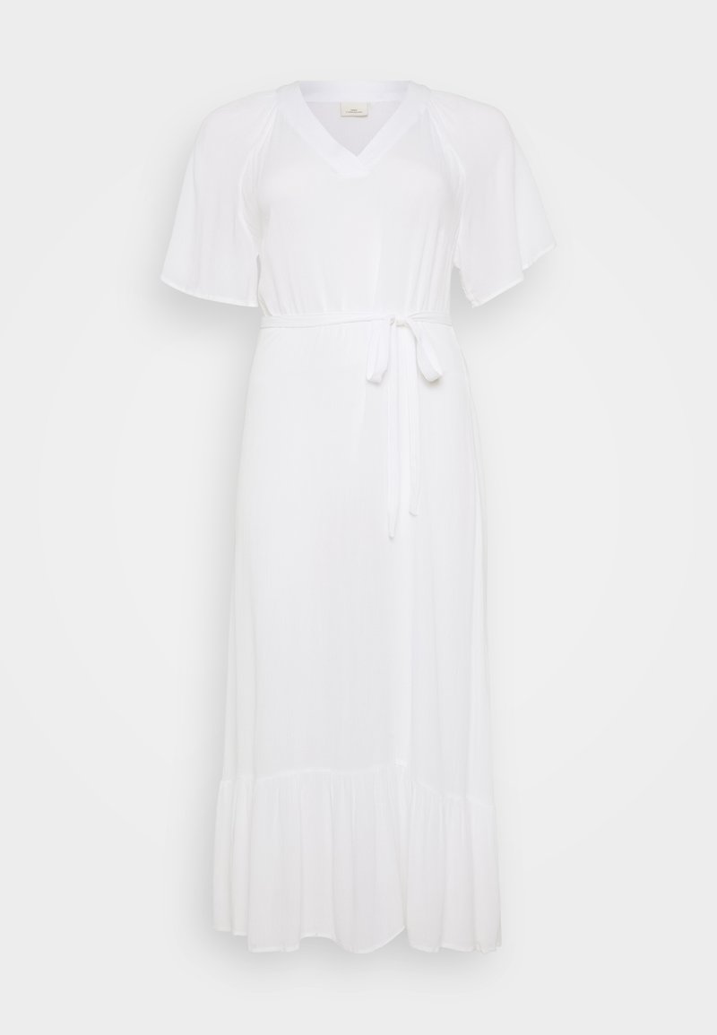 Weißes Midi-Kleid mit V-Ausschnitt, kurzen, schwingenden Ärmeln, einem Bindegürtel in der Taille und einem ausgestellten Saum mit Rüschendetails. Leichtes Material.