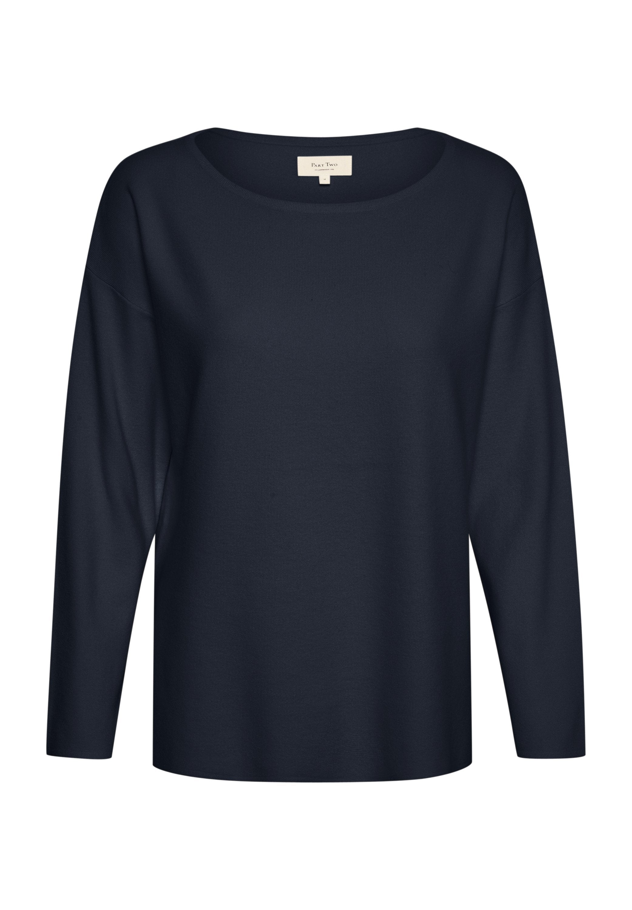 Marineblauer Pullover mit Rundhalsausschnitt, langen Ärmeln und lockerer Passform. Er besteht aus weichem Material, hat eine glatte Textur und ein minimales Design.