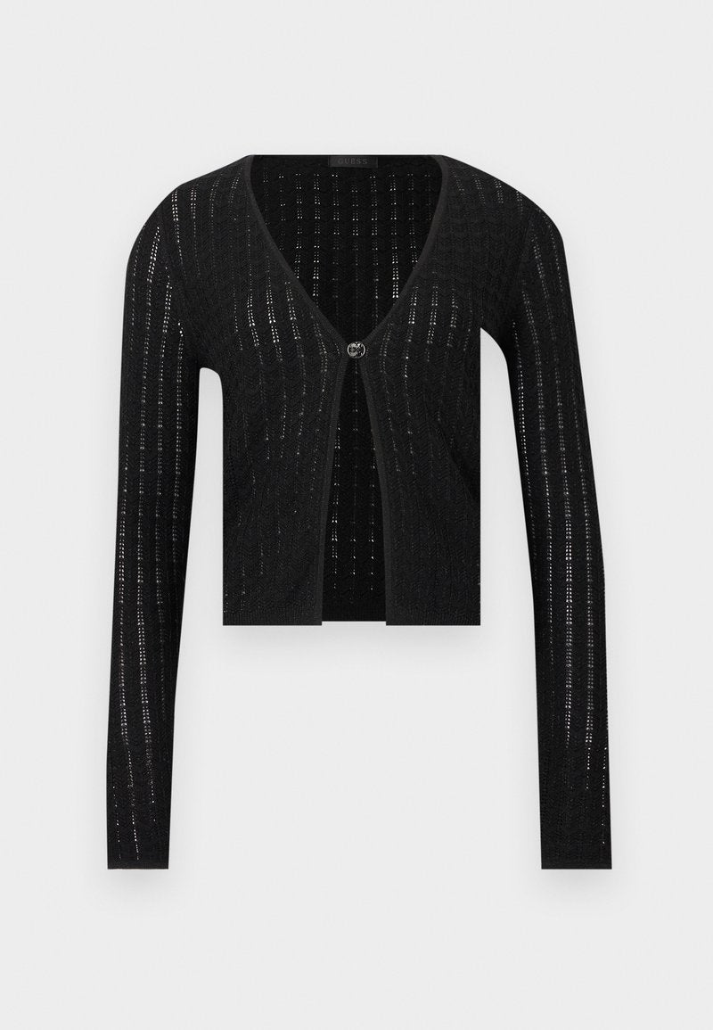 Schwarze, leichte Strickjacke mit langen Ärmeln, V-Ausschnitt, einzelner dekorativer Knopfverschluss und dezentem vertikalem Lochmuster.
