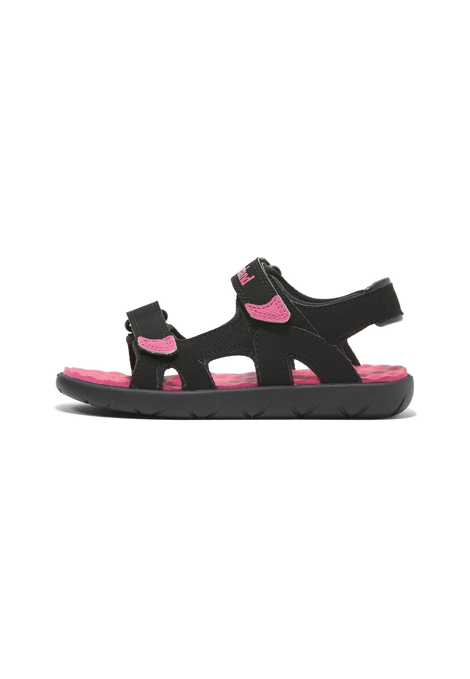 Schwarze und rosa offene Sandale mit verstellbaren Riemen und gepolsterter Sohle, entworfen für den Alltag.
