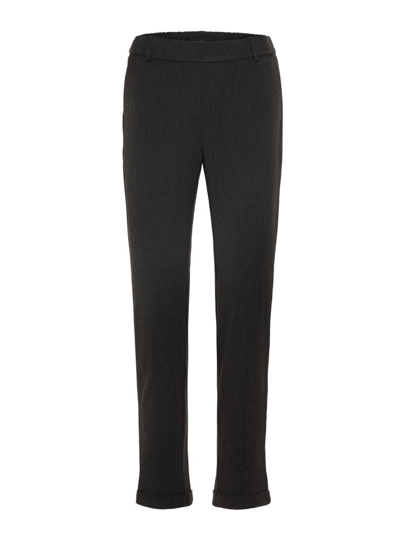 Schwarze, gerade Beinkleider aus strukturiertem Stoff. Mit einem elastischen Bund und umgeschlagenen Säumen, geeignet für lässige oder formelle Anlässe.