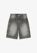 Bershka PATCH BAGGY - Denim shorts - grey