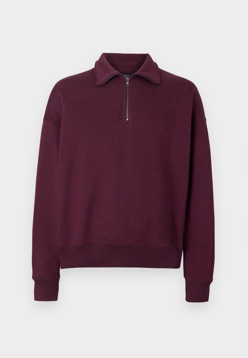 Bordeauxfarbenes Sweatshirt mit Reißverschlusskragen, langen Ärmeln, gerippten Bündchen und einer weichen Textur. Lässiges Design, ideal zum Drunterziehen.