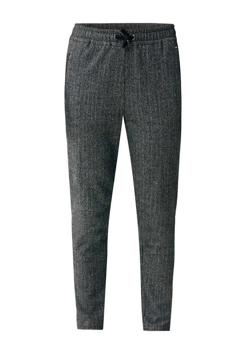 Dunkelgraue Jogginghose mit Fischgrätmuster, elastischem Bund und Kordelzug. Verfügt über Seitentaschen und ein schmal zulaufendes Bein.
