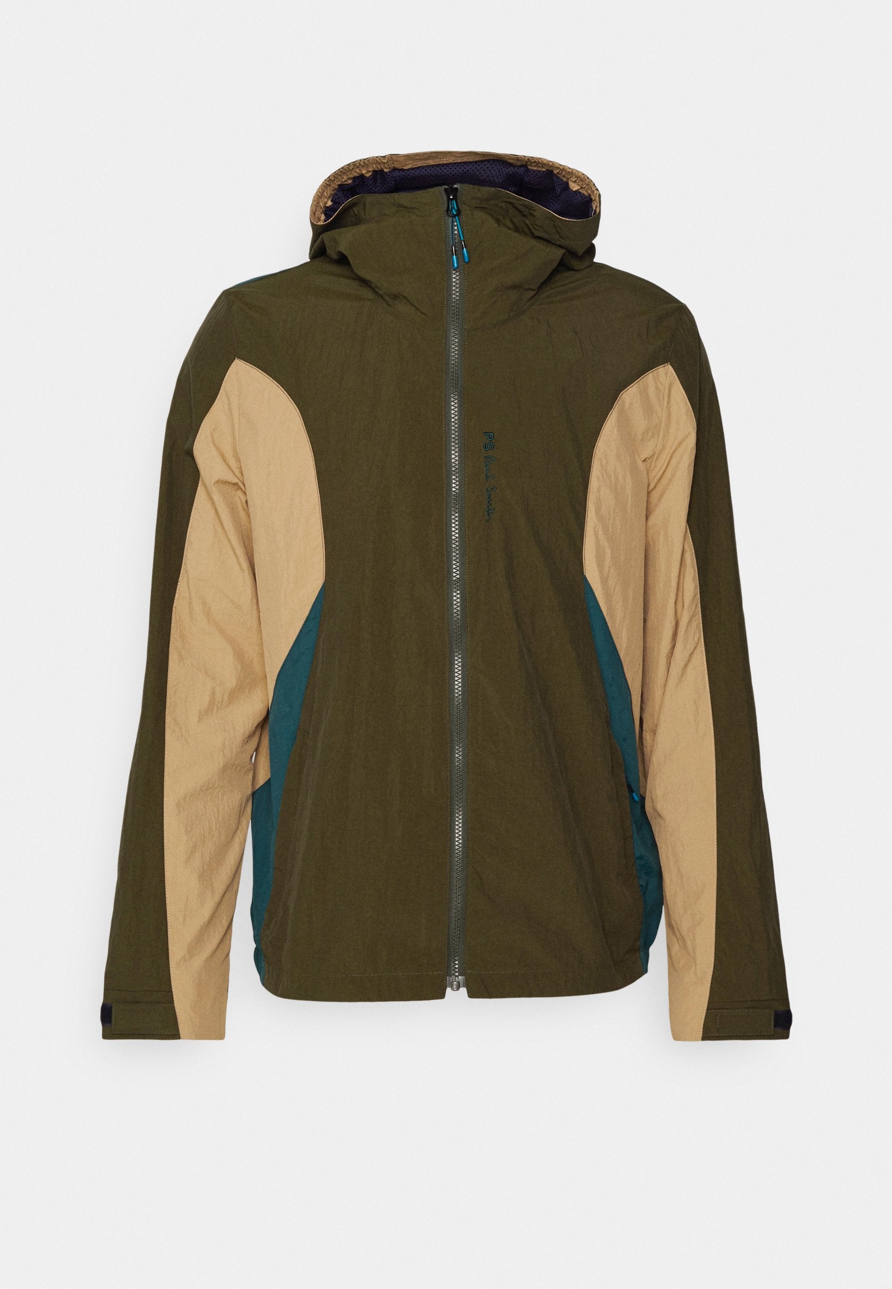 Kapuzenshirt mit einem Frontreißverschluss, das aus olivgrünem, beige und tealfarbigem Blockdesign besteht. Hergestellt aus leichtem, strukturiertem Stoff.