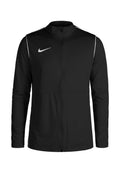 Schwarze Nike-Jacke mit Stehkragen, durchgehendem Reißverschluss und weißen Akzentlinien auf den Schultern. Besitzt ein kleines Logo auf der Brust.