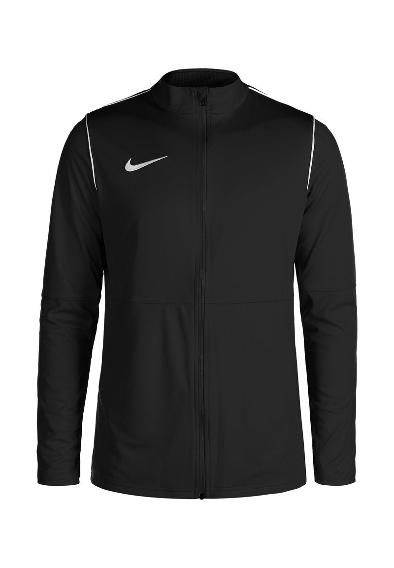 Schwarze Nike-Jacke mit Stehkragen, durchgehendem Reißverschluss und weißen Akzentlinien auf den Schultern. Besitzt ein kleines Logo auf der Brust.