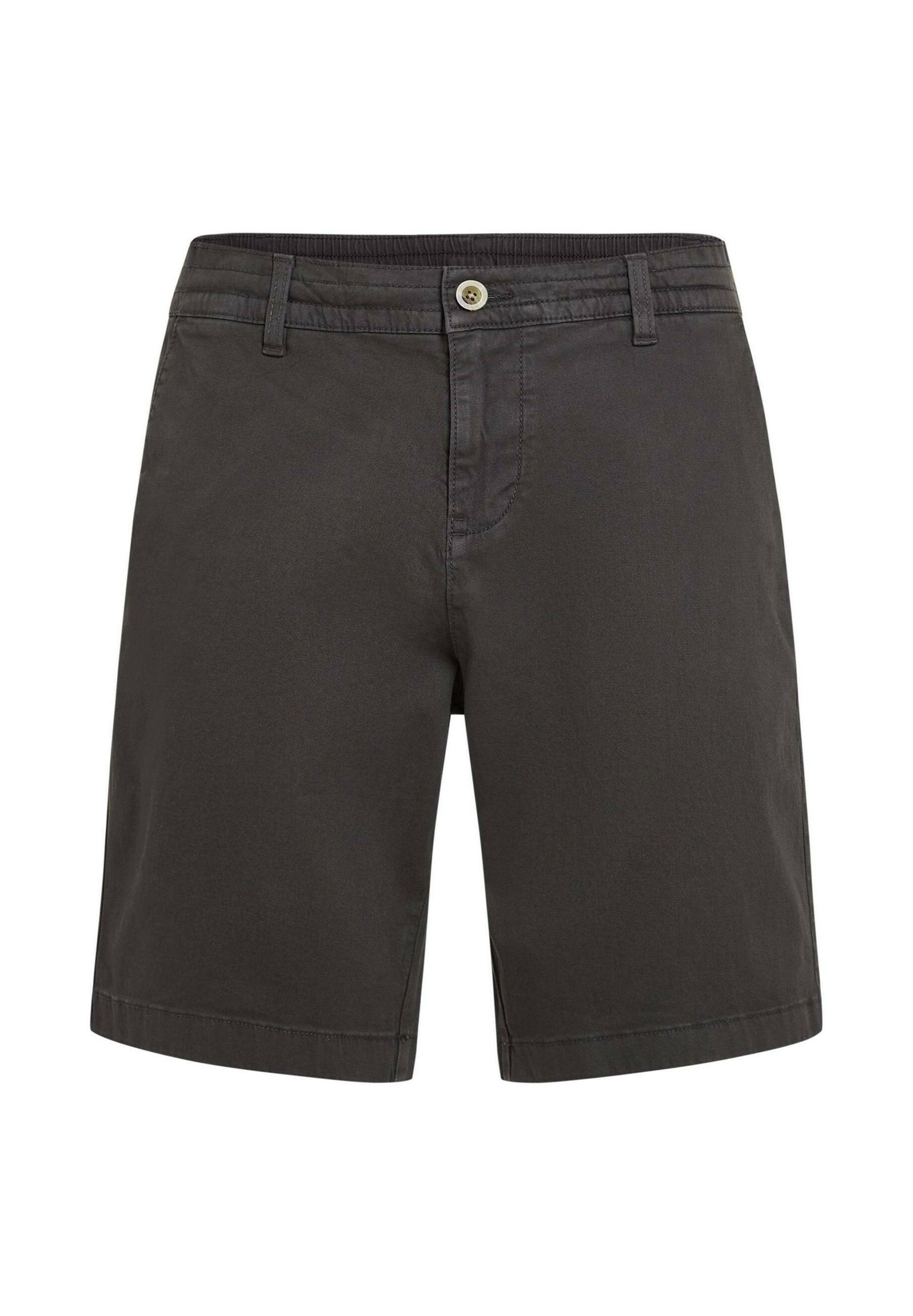 Dunkelgraue Shorts aus leichtem Stoff. Verfügen über einen Knopf und einen elastischen Bund, gerade Säume und dezente seitliche Nähte.