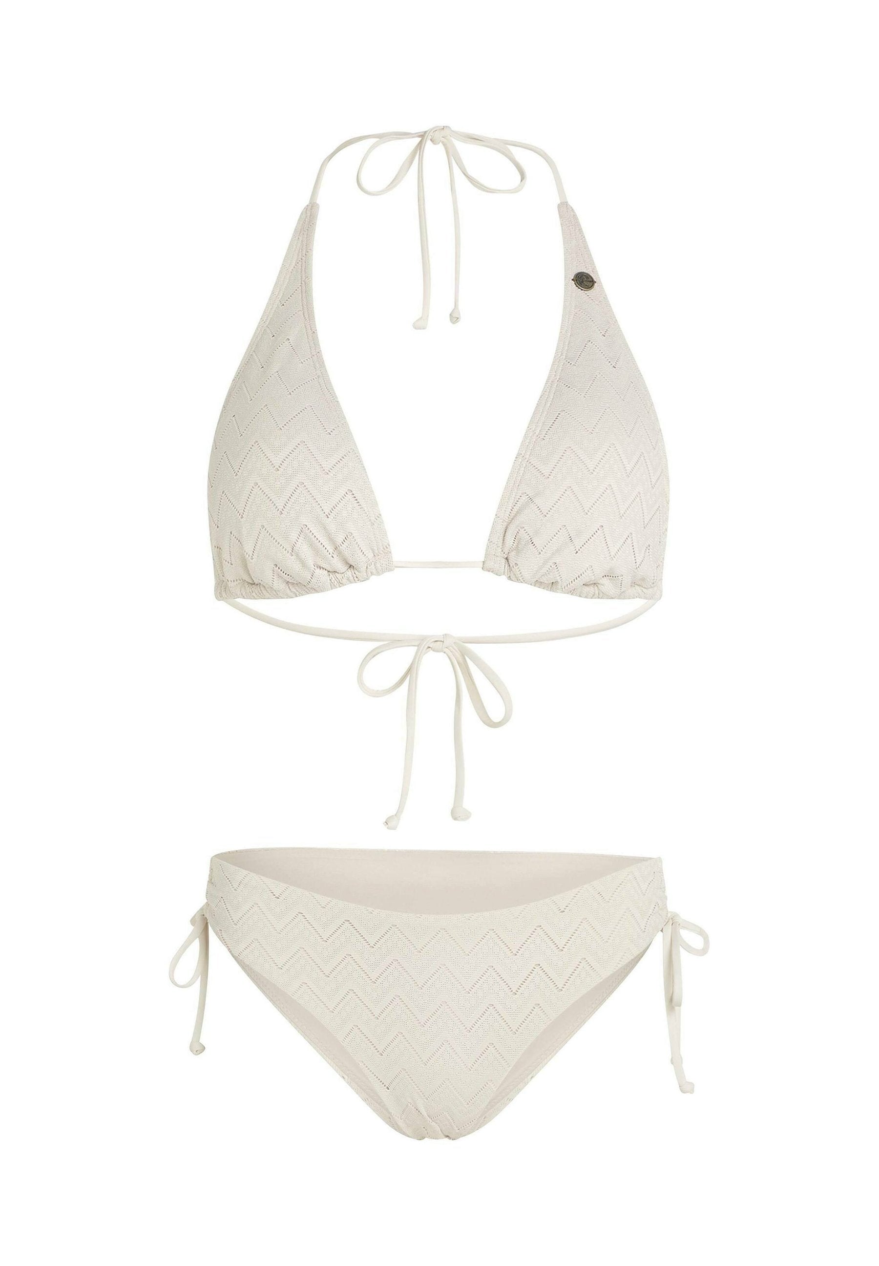 Weißes Bikini-Set mit einer strukturierten Zickzackmuster. Das Oberteil hat dreieckige Cups und verstellbare Bändchen; der Slip verfügt über seitliche Bindebänder und einen tiefen Bund.