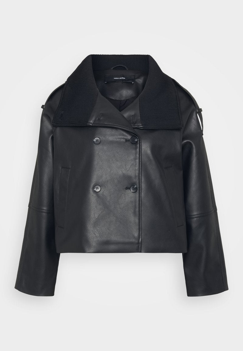 Schwarze, kurze Lederjacke im doppelreiherigen Design, mit großem strukturiertem Kragen, Seitentaschen und feinen Steppdetails.