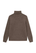 Brauner Rollkragenpullover aus einem strukturierten Strickstoff, mit langen Ärmeln und einem gerippten Kragen. Einfaches Design ohne Verzierungen.