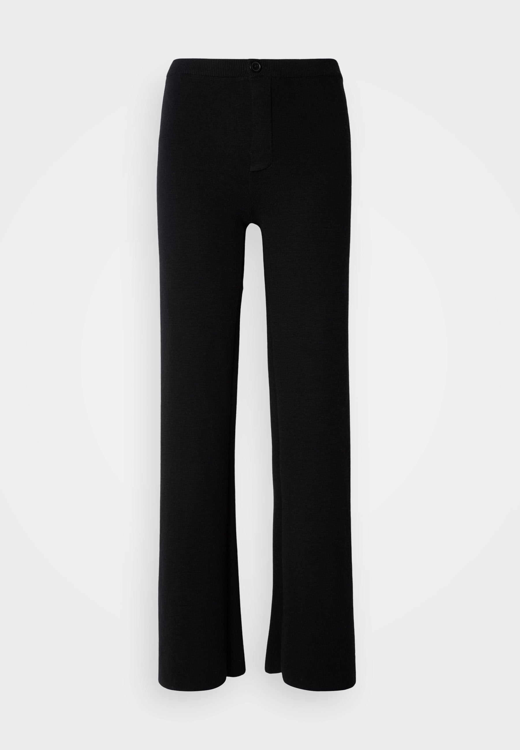 Schwarze, weit geschnittene Hosen aus weichem Stoff, mit einer Knopfverschluss-Vornseite und einem glatten, unauffälligen Design.