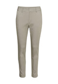 Khaki Stretch-Hosen mit glatter Oberfläche, schmaler Passform, zwei Fronttaschen und umgeschlagenem Saum. Geeignet für legere oder formelle Anlässe.
