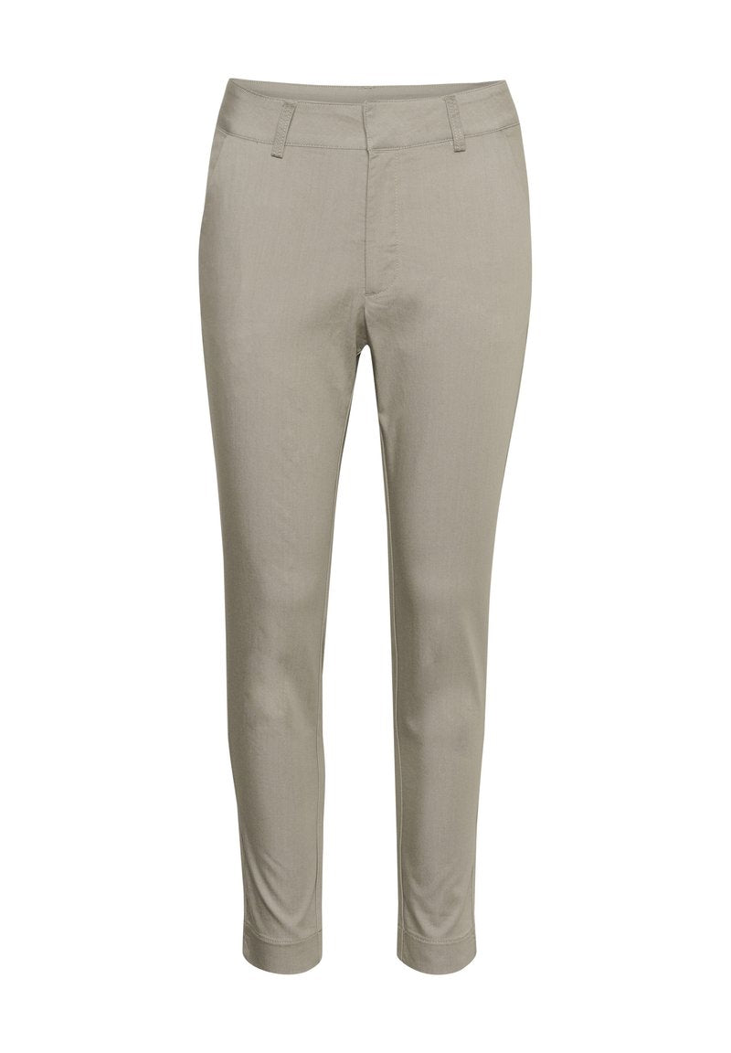 Khaki Stretch-Hosen mit glatter Oberfläche, schmaler Passform, zwei Fronttaschen und umgeschlagenem Saum. Geeignet für legere oder formelle Anlässe.