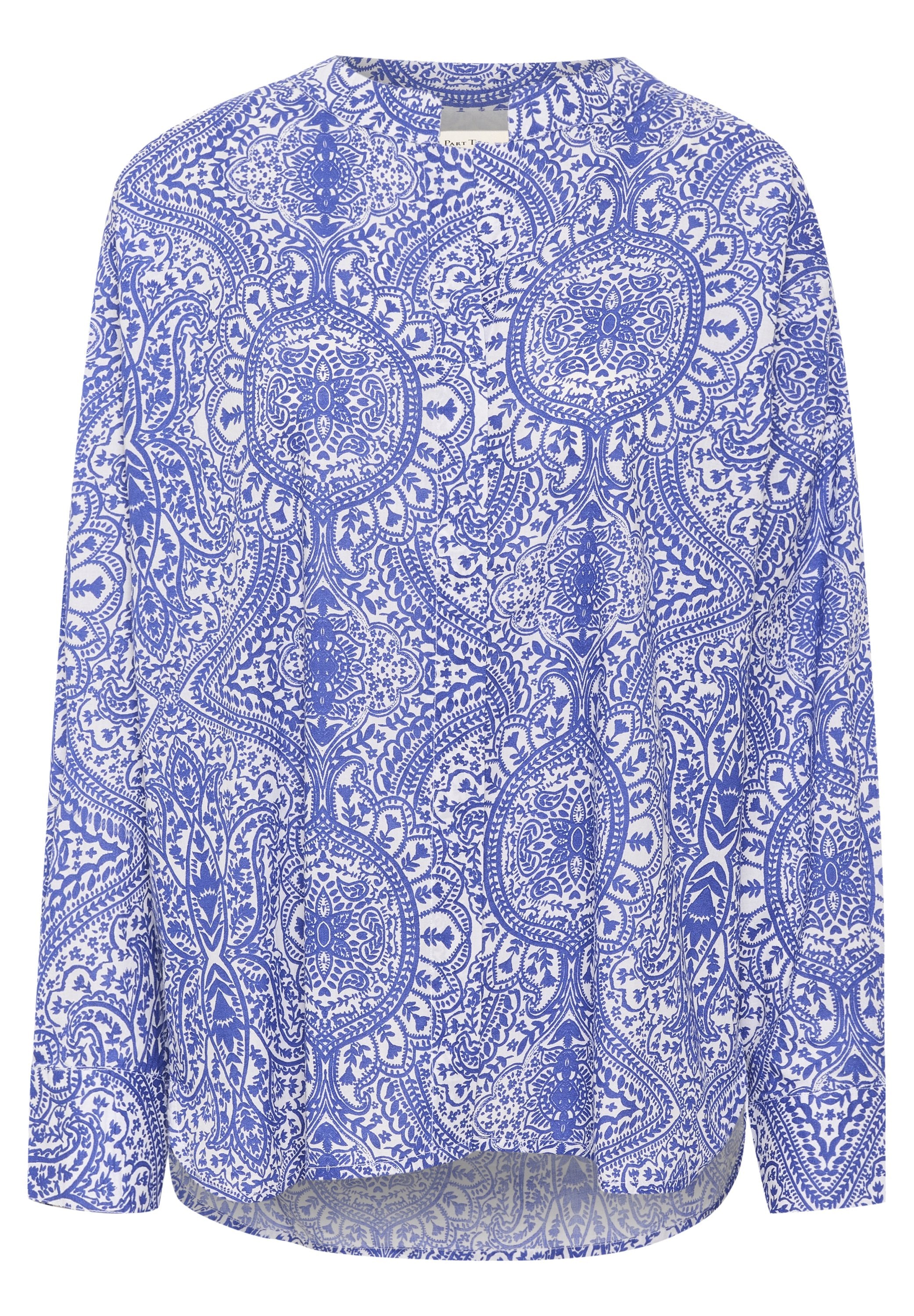 Langärmliges Oberteil in Blau und Weiß mit einem filigranen Paisleymuster, runder Halsauschnitt und leicht abgerundetem Saum. Aus weichem Stoff gefertigt.