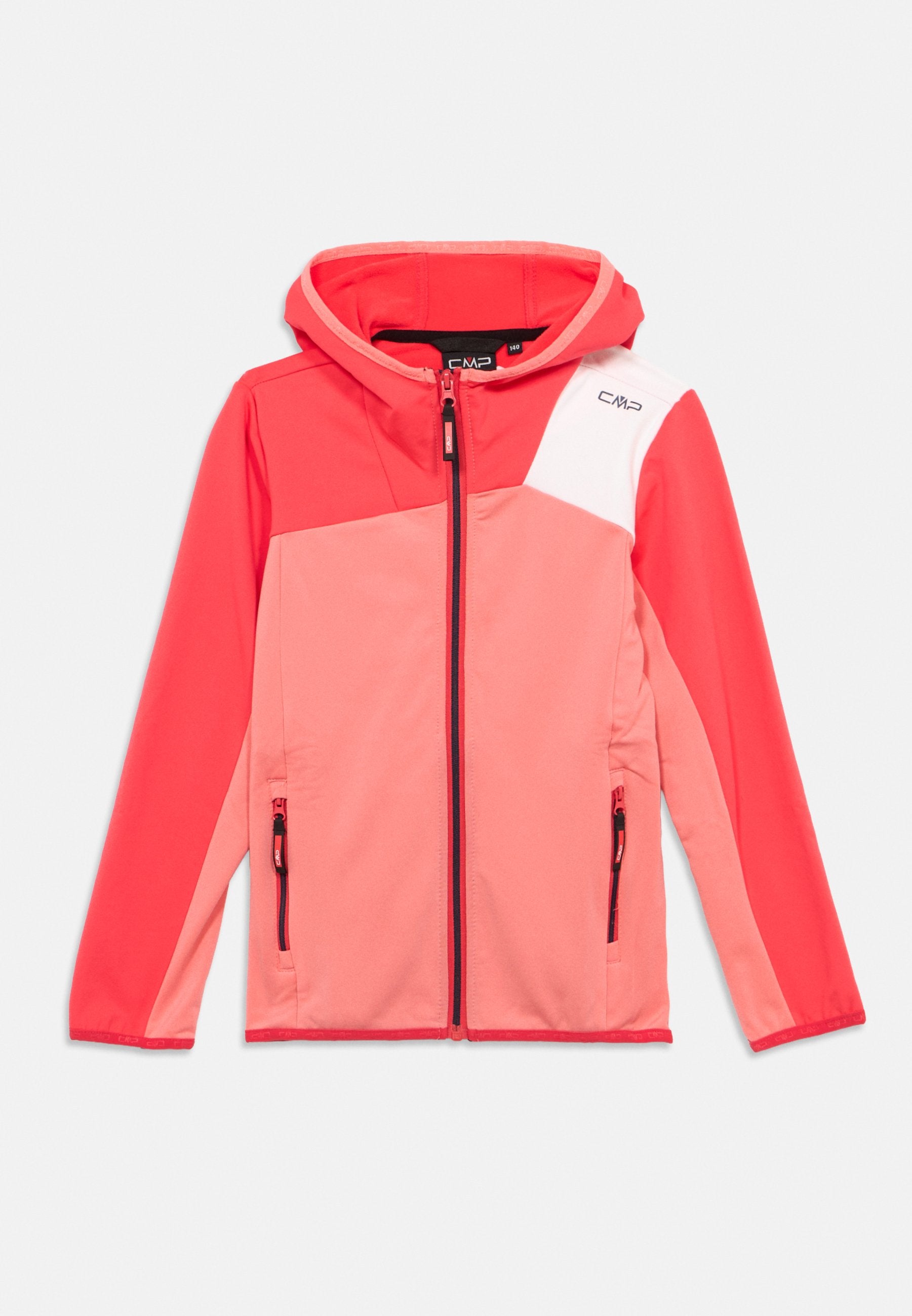 Kapuzejacke mit Colorblock-Design in Koralle und Hellrosa, mit Reißverschlusstaschen und einem Reißverschluss vorne. Glatte Stofftextur.