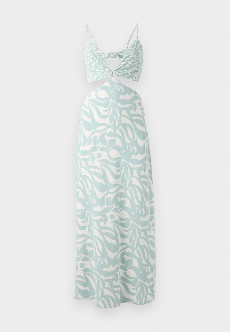 Mintgrünes Maxikleid mit einer verknoteten Bustier-Oberteil, das ein abstraktes weißes Muster aufweist und dünne, verstellbare Träger hat.