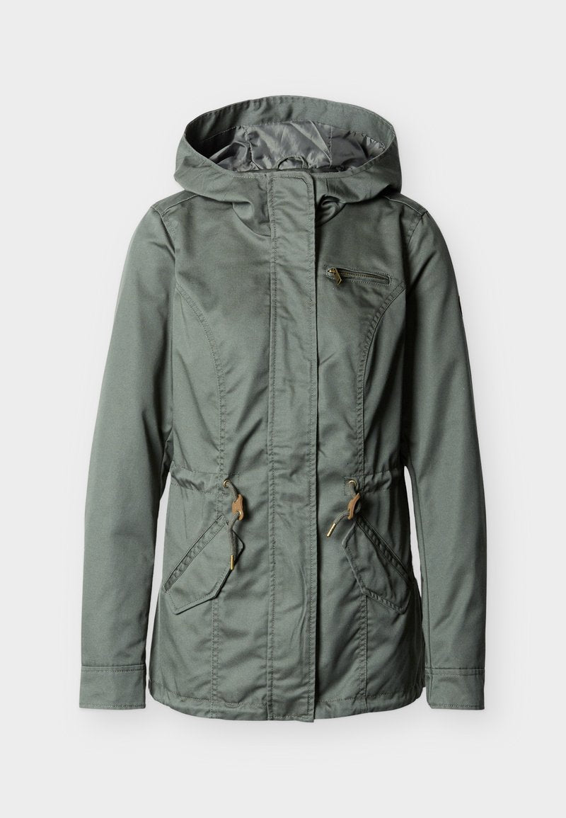 Grüne Kapuzenjacke mit Reißverschluss vorne, zwei vorderen Taschen mit Klappen, einer Reißverschlusstasche auf der Brust und verstellbarem Taillenzug.