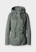 Grüne Kapuzenjacke mit Reißverschluss vorne, zwei vorderen Taschen mit Klappen, einer Reißverschlusstasche auf der Brust und verstellbarem Taillenzug.