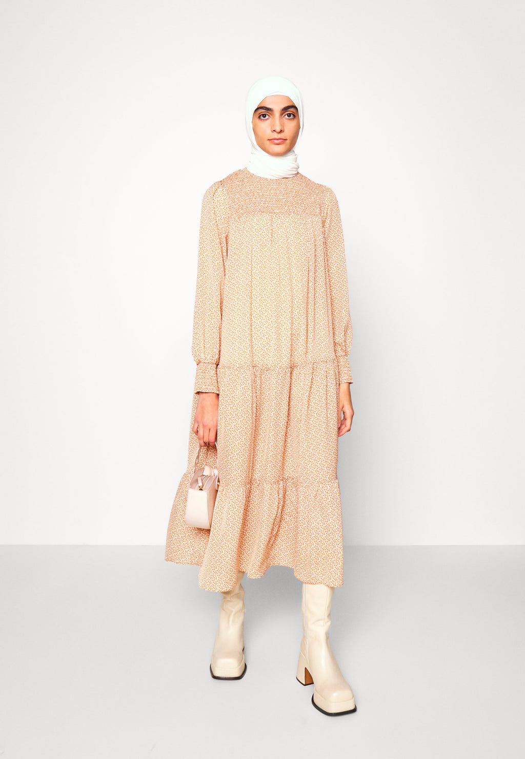 Glamorous MODEST SMOCKED HIGH NECK TIERED DRESS WITH LONG SLEEVES