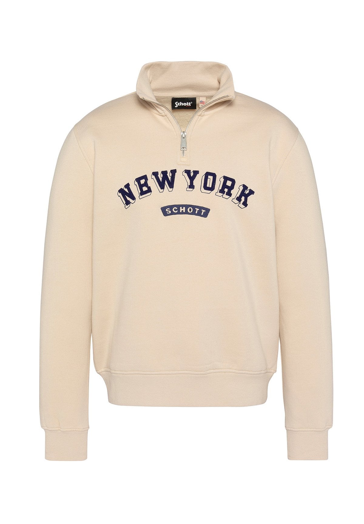 Beiger Sweatshirt mit einem Viertelreißverschluss, auf dem "NEW YORK" und "SCHOTT" in Marineblau gedruckt sind. Weicher Stoff und gerippte Bündchen am Saum und an den Ärmeln.