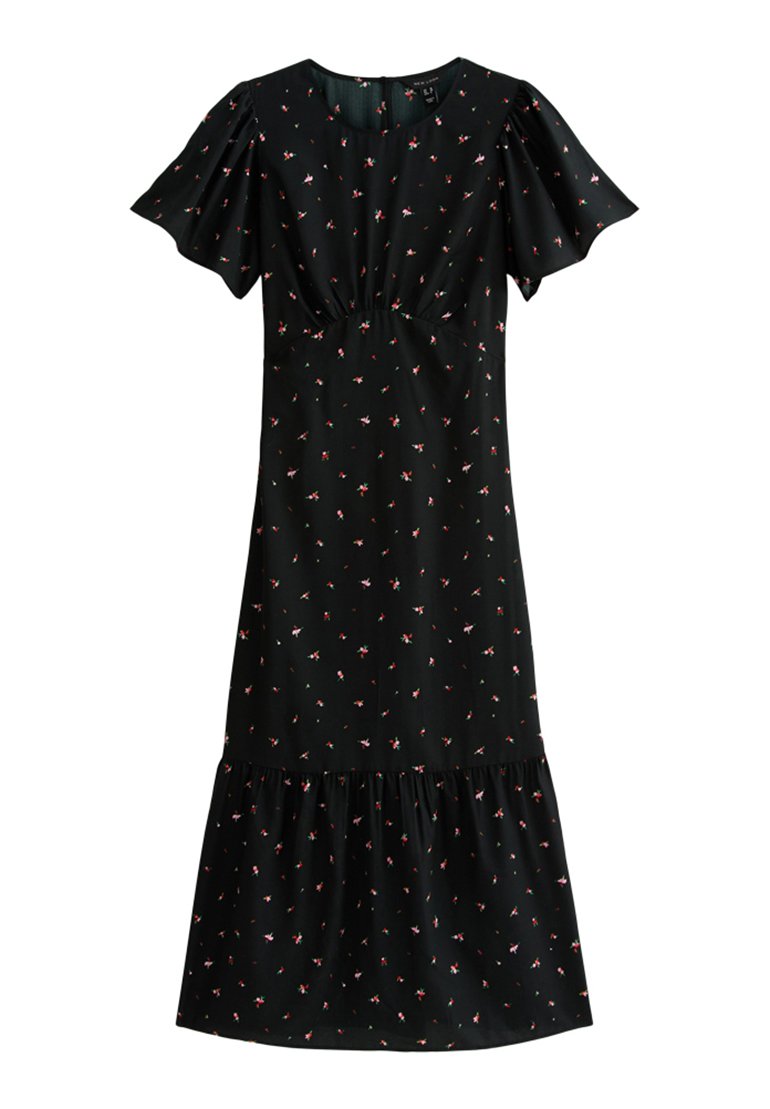 Schwarzes Blumenkleid mit kurzen, flatternden Ärmeln, gerafftem Bund und ausgestellt geschnittenem Saum. Das Kleid hat kleine rosa und grüne Blumenmuster überall.