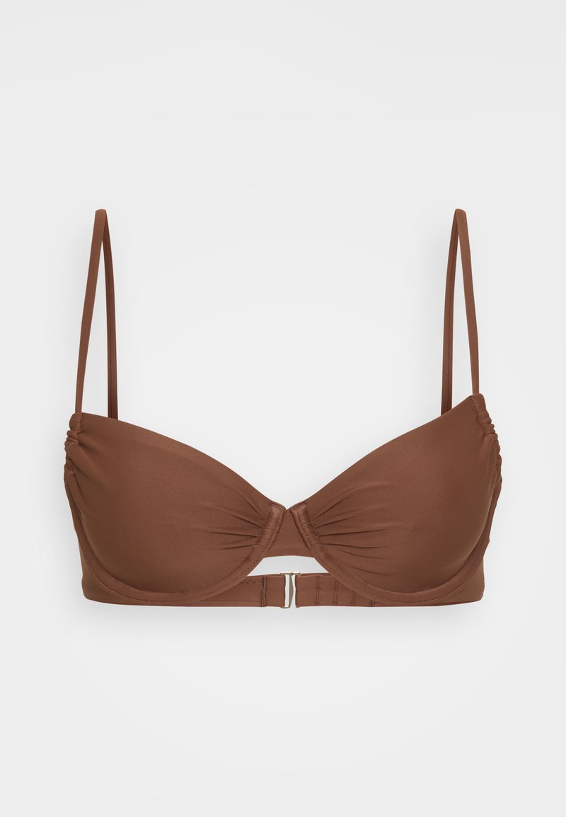Brauner Bikini-Oberteil mit Unterdraht, gerafften Details, verstellbaren Trägern und einem Metallverschluss am Rücken. Glattes, dehnbares Material.