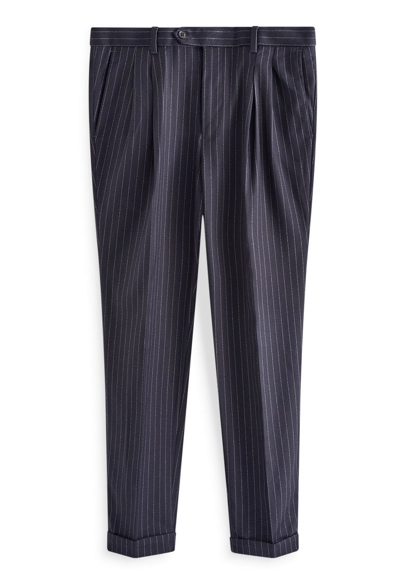 Marineblau gestreifte Hose aus glattem Stoff, mit schmaler Passform, Falten an der Taille und umgeschlagenen Säumen für einen maßgeschneiderten Look.