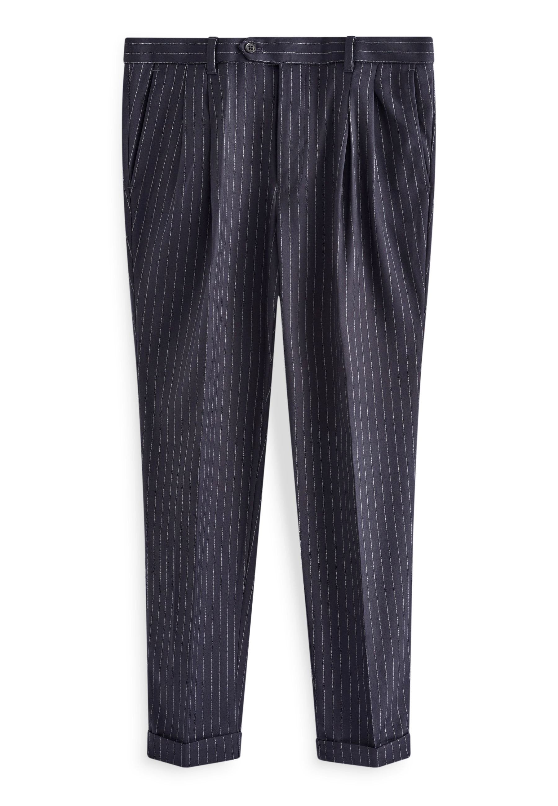 Marineblau gestreifte Hose aus glattem Stoff, mit schmaler Passform, Falten an der Taille und umgeschlagenen Säumen für einen maßgeschneiderten Look.
