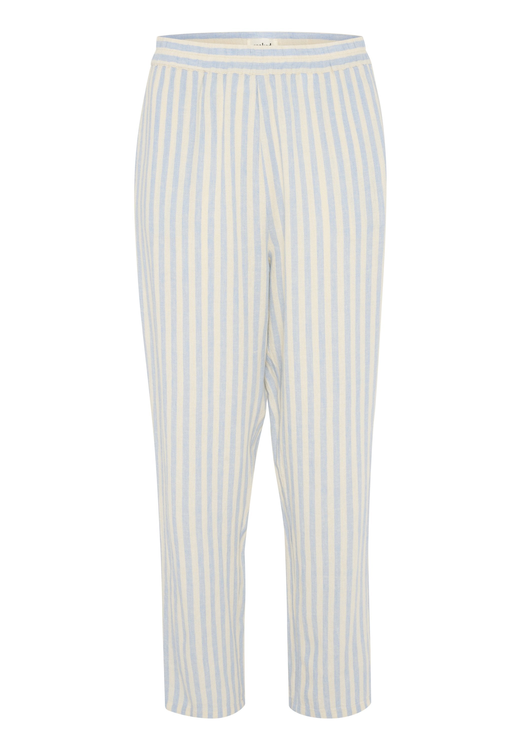 Leichte, atmungsaktive Hose mit einem blauen und cremefarbenen vertikalen Streifenmuster, elastischem Bund und cropped Länge.