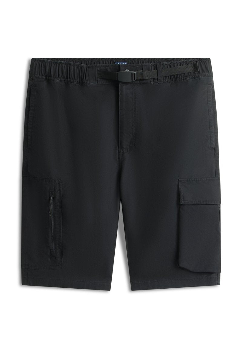 Schwarze knielange Cargoshorts mit verstellbarem Gürtel, elastischem Bund, Fronttaschen sowie Reißverschluss- und Klapptaschen auf jeder Seite.