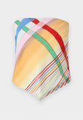 Mehrfarbiger Schal mit karierten Mustern in Gelb, Blau, Pink, Rot und Grün. Hergestellt aus leichtem, glattem Stoff mit einer weichen Textur.