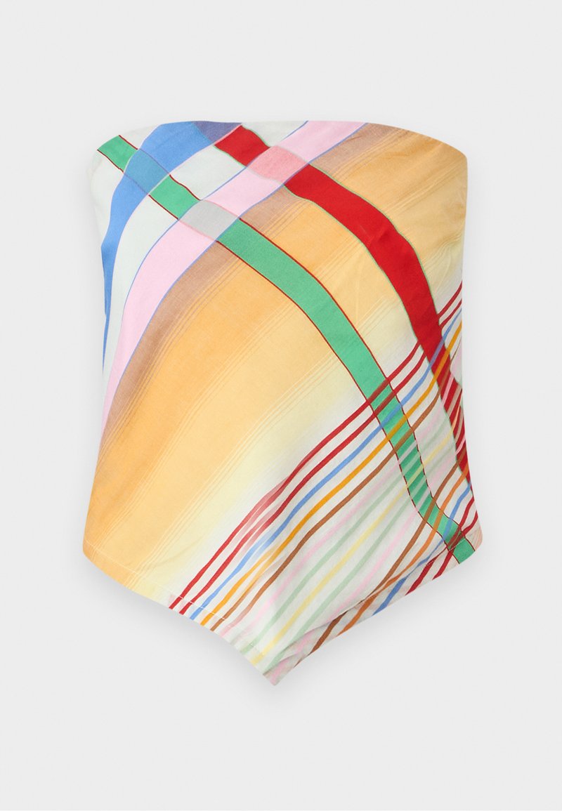 Mehrfarbiger Schal mit karierten Mustern in Gelb, Blau, Pink, Rot und Grün. Hergestellt aus leichtem, glattem Stoff mit einer weichen Textur.